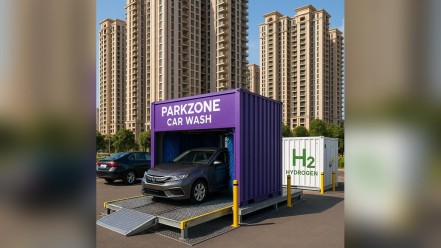 ParkZone hydrogen-powered container car wash on raised steel platform with ramp