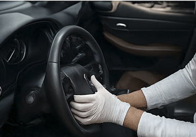 Person in car with white gloves